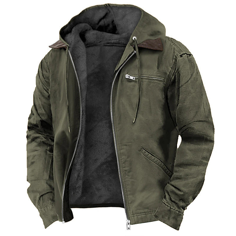 Men fleece lined canvas hooded jacket with zip front in multiple colours