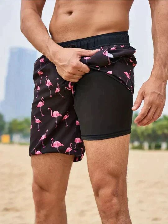Mens Swim Shorts Tropical Print Mid Thigh Length Side Pockets