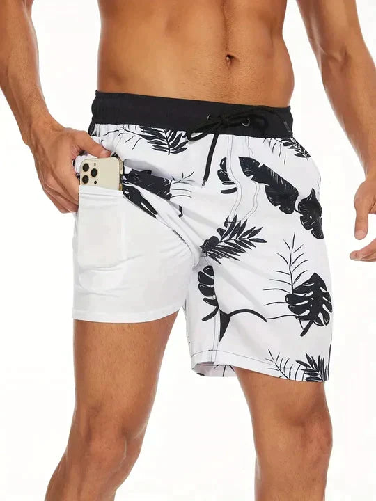 Mens Swim Shorts Tropical Print Mid Thigh Length Side Pockets