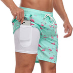 Mens Swim Shorts Tropical Print Mid Thigh Length Side Pockets