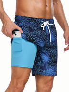 Mens Swim Shorts Tropical Print Mid Thigh Length Side Pockets