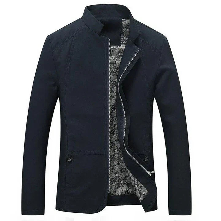 Men slim fit lightweight zip up jacket with band collar and side pockets