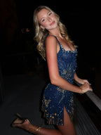 Midnight blue mini dress with flowing silhouette and sparkling accents for evening events