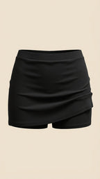 Women asymmetric wrap mini skirt in black, modern angled hem