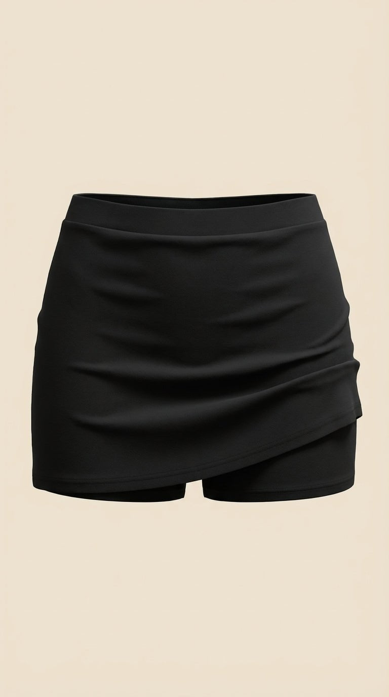 Women asymmetric wrap mini skirt in black, modern angled hem