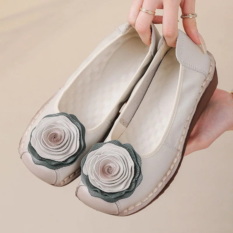Women floral appliqué slip-on loafers with layered blooms and hand-stitched edging