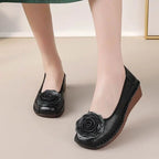 Women floral appliqué slip-on loafers with layered blooms and hand-stitched edging