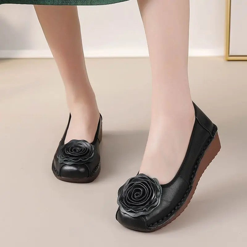 Women floral appliqué slip-on loafers with layered blooms and hand-stitched edging
