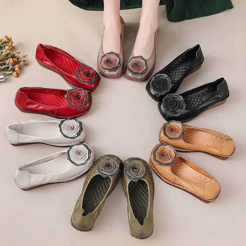 Women floral appliqué slip-on loafers with layered blooms and hand-stitched edging