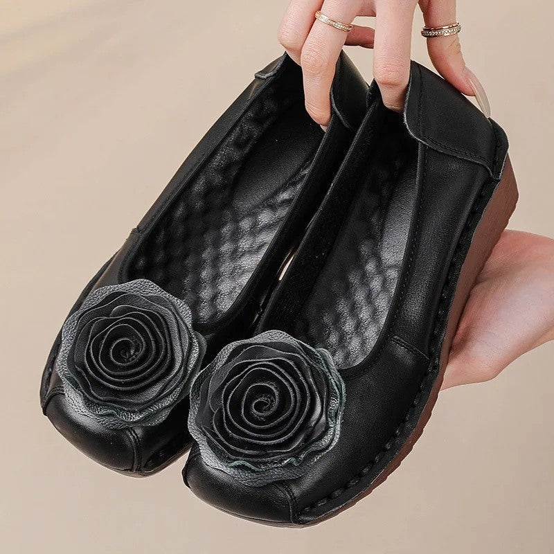 Women floral appliqué slip-on loafers with layered blooms and hand-stitched edging