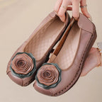 Women floral appliqué slip-on loafers with layered blooms and hand-stitched edging