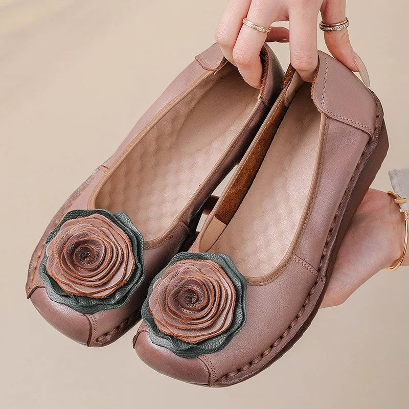 Women floral appliqué slip-on loafers with layered blooms and hand-stitched edging