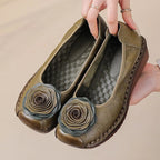 Women floral appliqué slip-on loafers with layered blooms and hand-stitched edging
