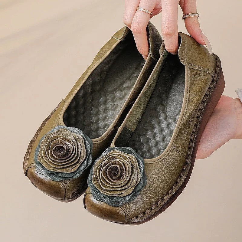 Women floral appliqué slip-on loafers with layered blooms and hand-stitched edging