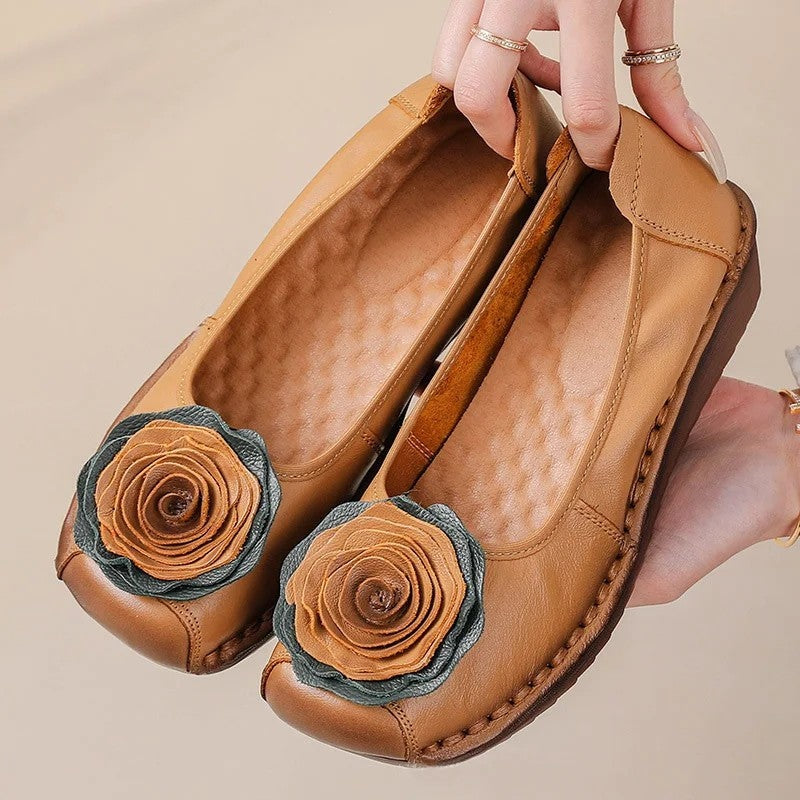 Women floral appliqué slip-on loafers with layered blooms and hand-stitched edging