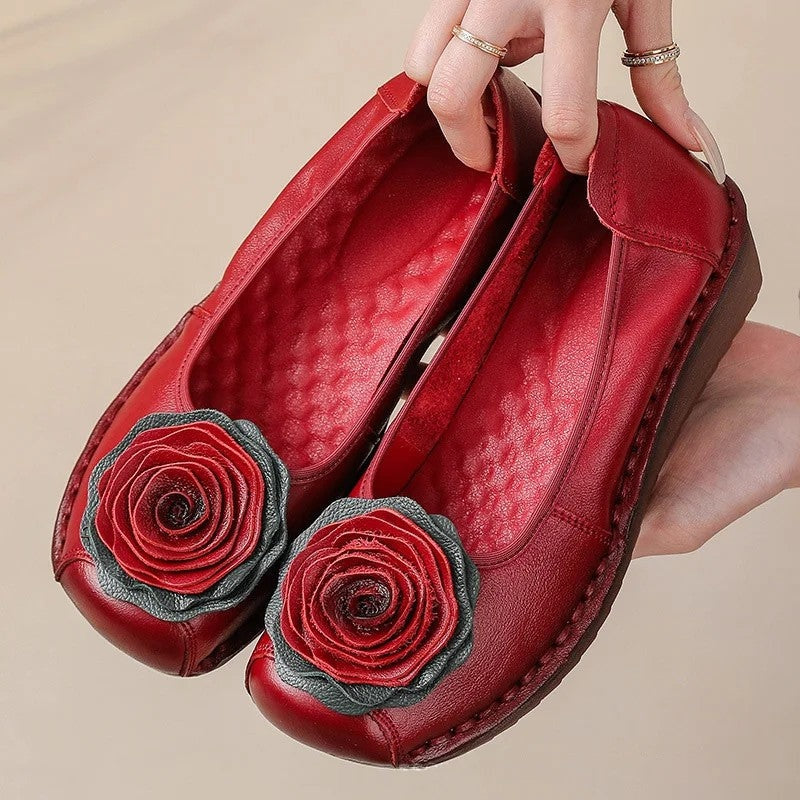 Women floral appliqué slip-on loafers with layered blooms and hand-stitched edging