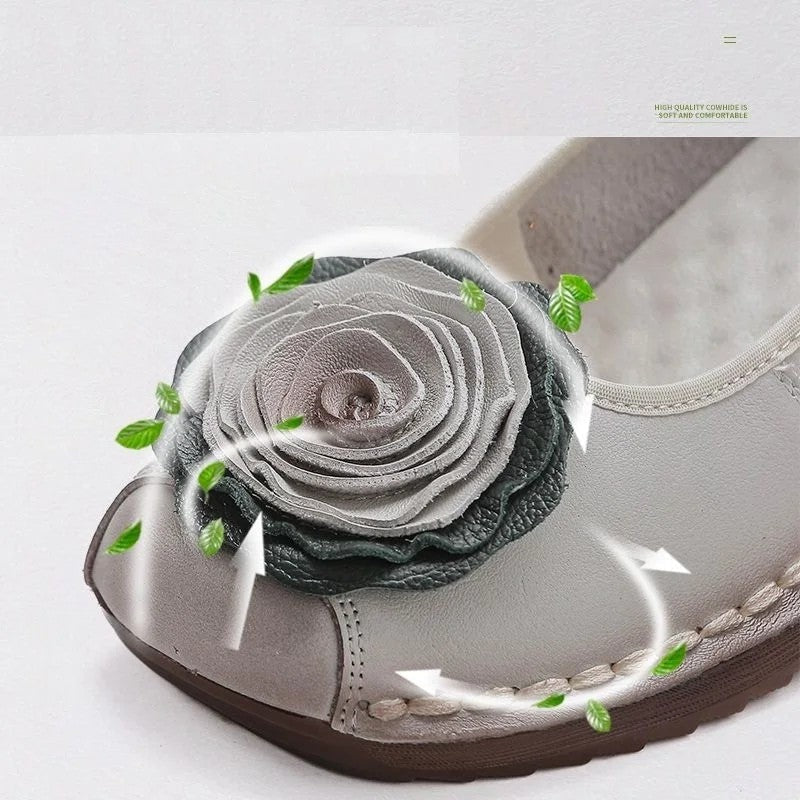 Women floral appliqué slip-on loafers with layered blooms and hand-stitched edging