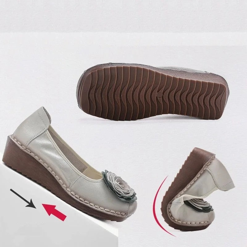 Women floral appliqué slip-on loafers with layered blooms and hand-stitched edging