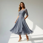 Cocktail Dress Women Midi Length Layered Tulle Lace Sheer Sleeve