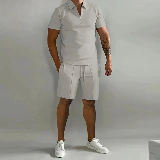 Men's summer set with polo shirt and matching shorts, breathable casual outfit