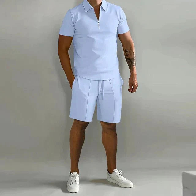 Men's summer set with polo shirt and matching shorts, breathable casual outfit
