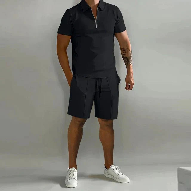 Men's summer set with polo shirt and matching shorts, breathable casual outfit