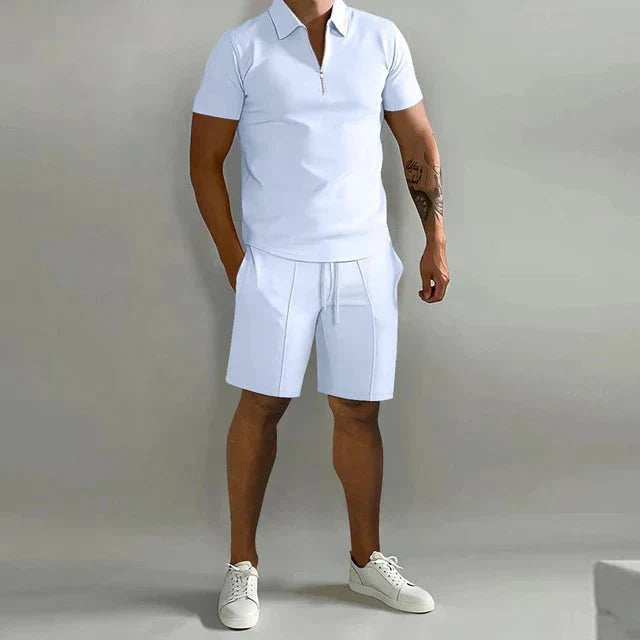 Men's summer set with polo shirt and matching shorts, breathable casual outfit