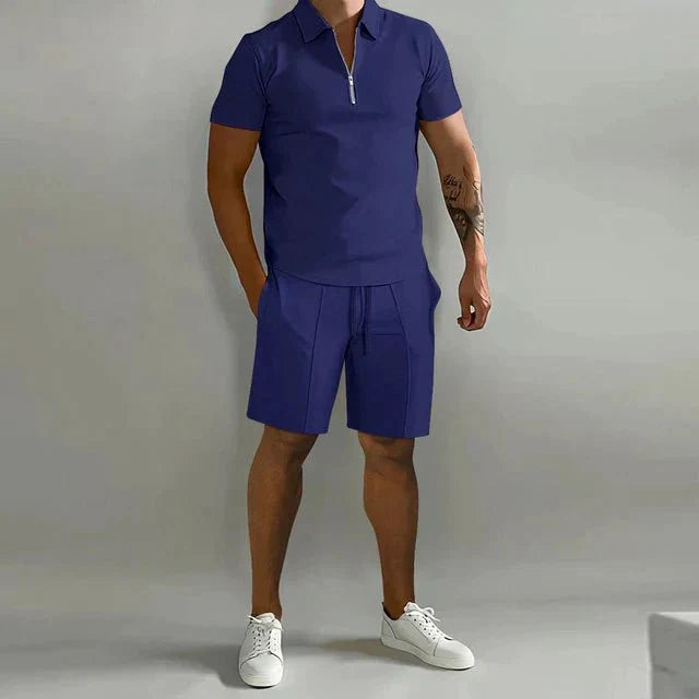 Men's summer set with polo shirt and matching shorts, breathable casual outfit