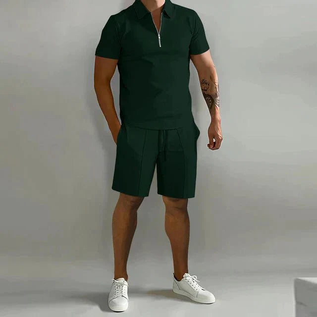 Men's summer set with polo shirt and matching shorts, breathable casual outfit