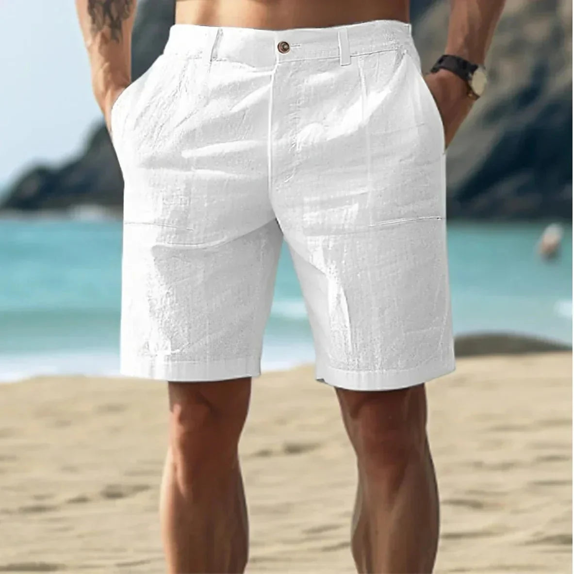 Men's linen shorts relaxed fit breathable summer drawstring waist