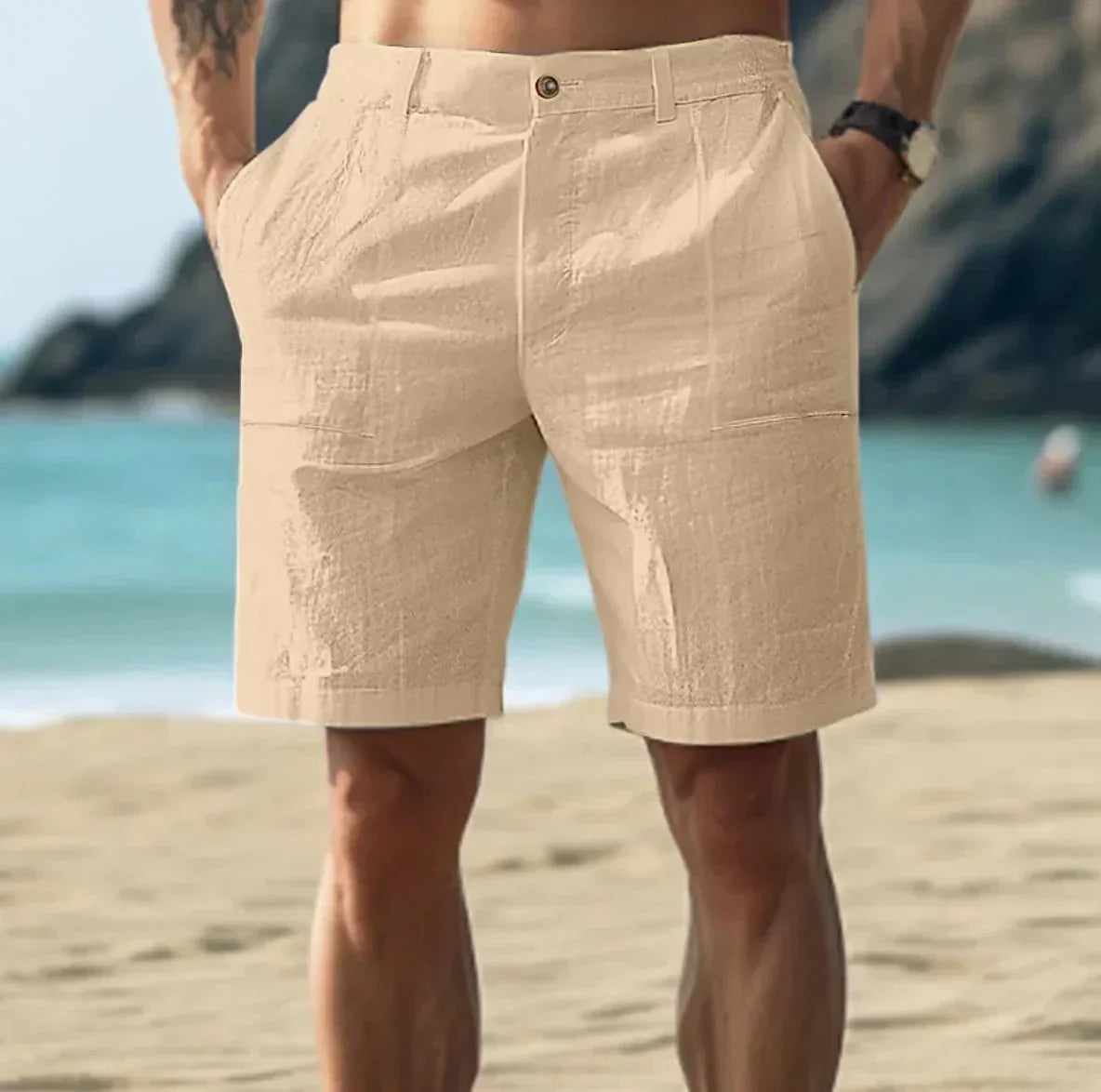 Men's linen shorts relaxed fit breathable summer drawstring waist