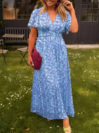 Women's floral maxi dress with short flutter sleeves and V-neckline, summer style