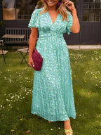 Women's floral maxi dress with short flutter sleeves and V-neckline, summer style