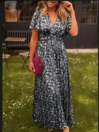 Women's floral maxi dress with short flutter sleeves and V-neckline, summer style