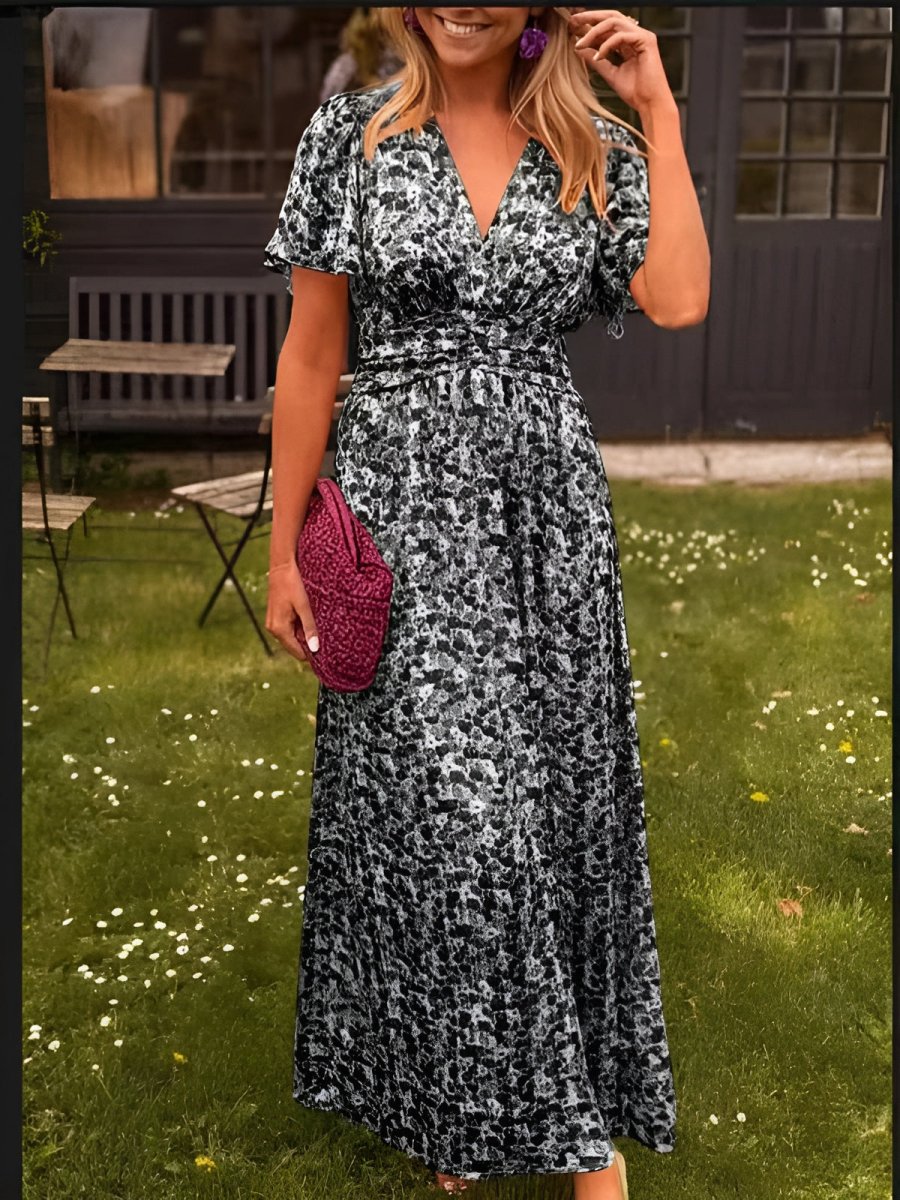 Women's floral maxi dress with short flutter sleeves and V-neckline, summer style