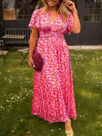 Women's floral maxi dress with short flutter sleeves and V-neckline, summer style