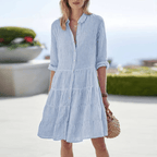 Women's striped button-front midi dress with tiered silhouette, casual summer style