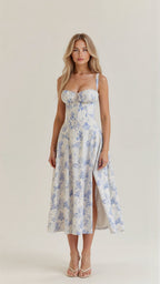 Women's bodycon dress with bustier bodice and waist-defining slim fit midi length