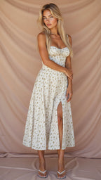 Women's bodycon dress with bustier bodice and waist-defining slim fit midi length