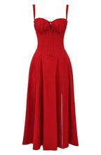 Women's bodycon dress with bustier bodice and waist-defining slim fit midi length