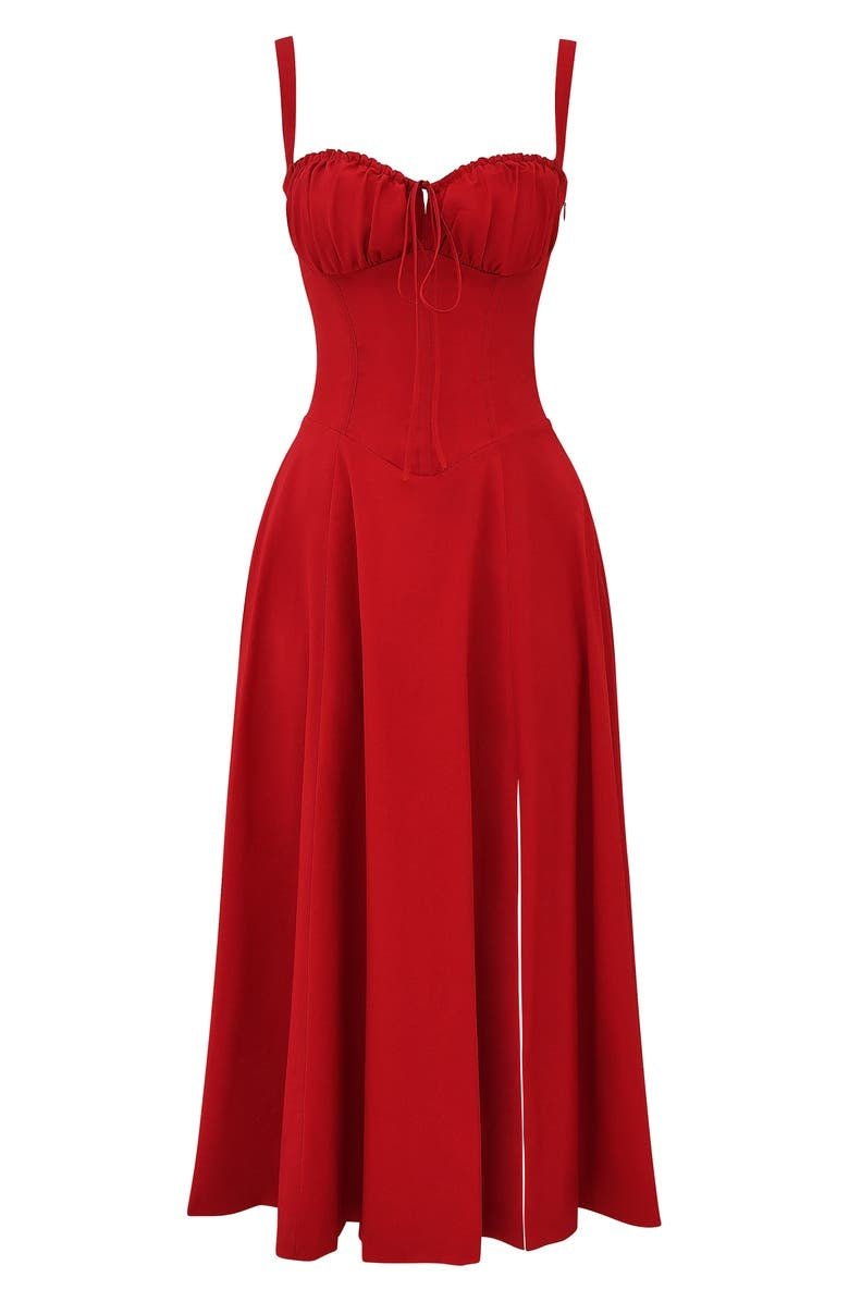 Women's bodycon dress with bustier bodice and waist-defining slim fit midi length