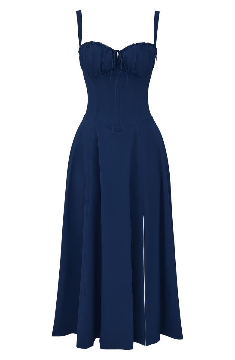 Women's bodycon dress with bustier bodice and waist-defining slim fit midi length