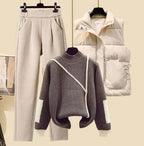 Women 3 piece cotton lounge set with pants quilted vest and round neck sweater