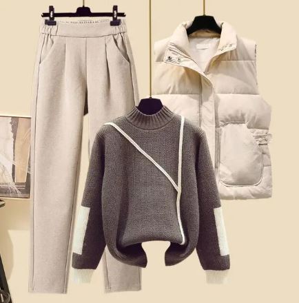 Women 3 piece cotton lounge set with pants quilted vest and round neck sweater