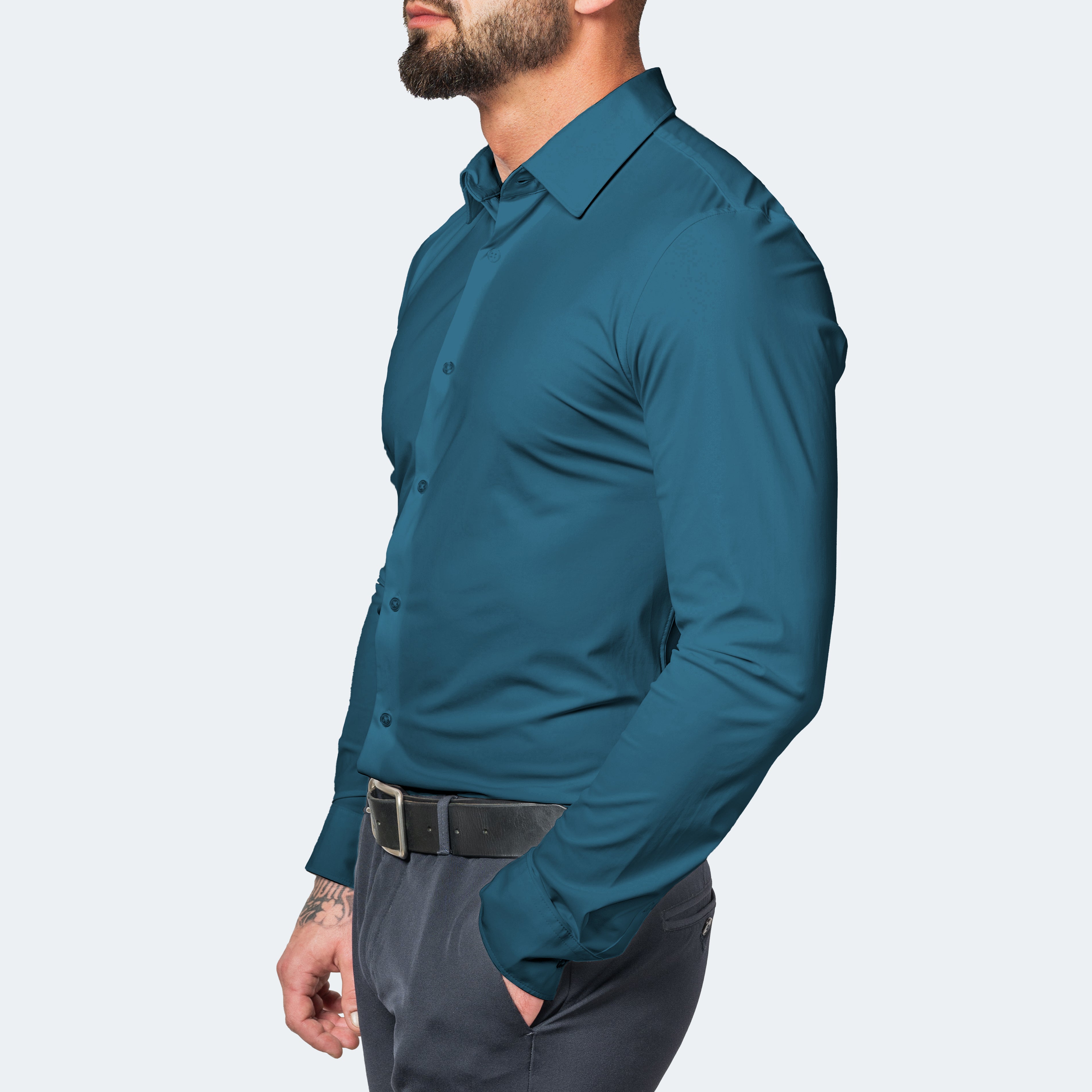 Men's wrinkle-free stretch dress shirt slim fit, available in Black, White and Light Blue