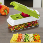 Vegetable chopper 12-in-1 with stainless steel blades, white and green, large catch container