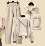 Women 3 piece cotton lounge set with pants quilted vest and round neck sweater