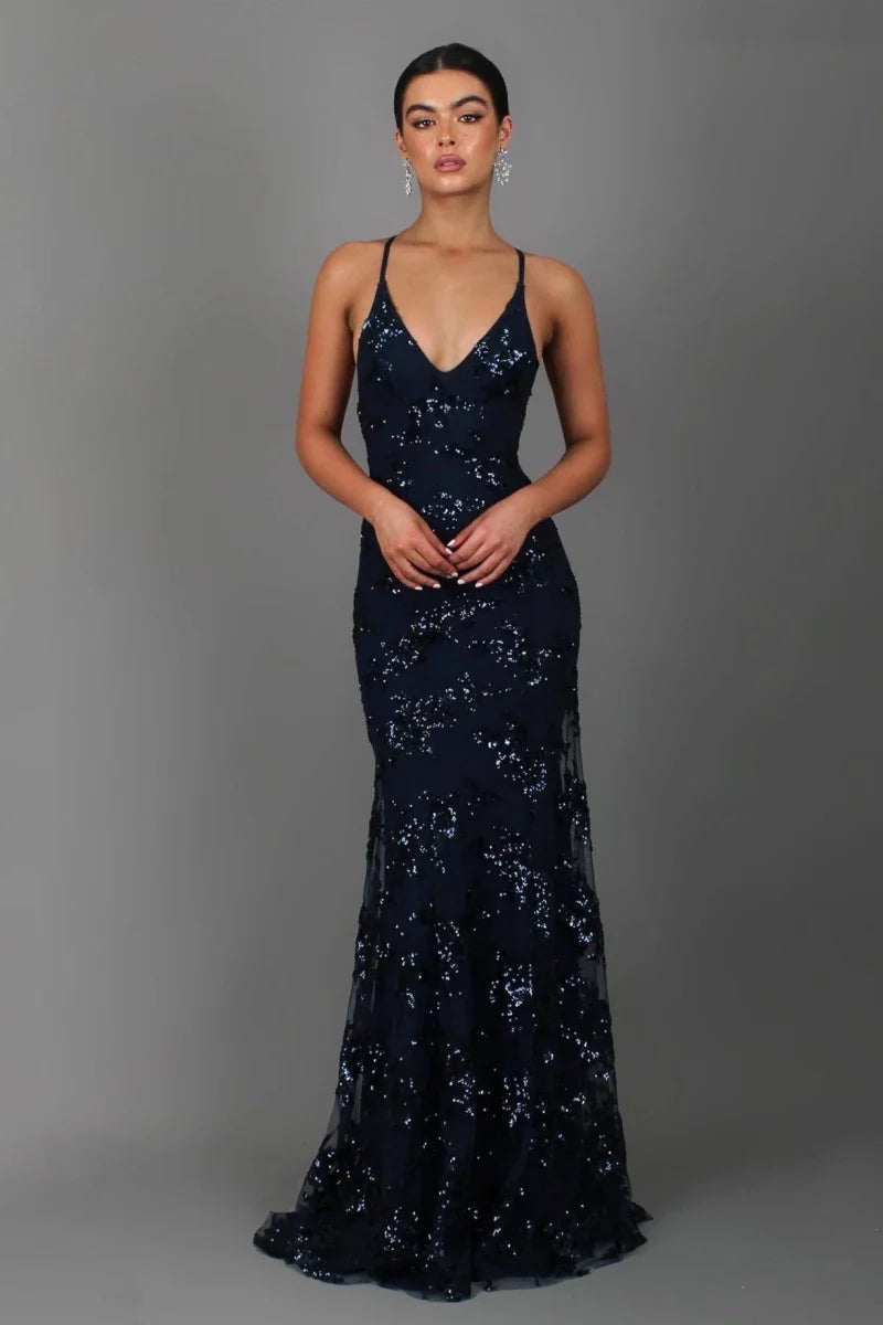 Sequin Dress Women Floor Length Maxi Evening Gown Spaghetti Strap