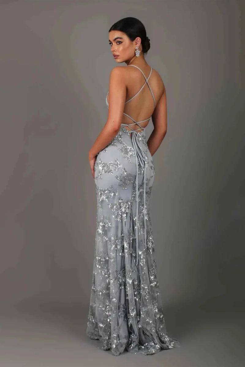 Sequin Dress Women Floor Length Maxi Evening Gown Spaghetti Strap