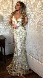 Sequin Dress Women Floor Length Maxi Evening Gown Spaghetti Strap